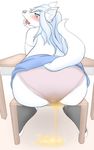  anthro blue_hair blush canine clothing female fur green_eyes hair legwear looking_at_viewer mammal open_mouth panties peeing simple_background solo stockings tongue tongue_out underwear urine urine_pool watersports wetting white_fur wolf まぐとぅーな_(artist) 