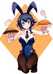  animal_ears bangs black_hair black_legwear black_leotard black_neckwear braid breasts brown_eyes bunny_ears bunny_girl bunnysuit character_name cleavage commentary covered_navel detached_collar fake_animal_ears food full_body girls_und_panzer grin highres holding holding_food kusanagi_tonbo large_breasts leotard looking_at_viewer necktie one_knee pantyhose pasta pepperoni_(girls_und_panzer) plate short_hair side-tie_leotard side_braid smile solo steam strapless strapless_leotard translated wrist_cuffs 