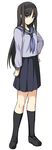  black_footwear black_hair black_hairband black_skirt blue_eyes blue_neckwear full_body grey_shirt hairband hand_on_hip kneehighs long_hair looking_at_viewer miniskirt neckerchief pleated_skirt school_uniform serafuku shirt shiseki_hirame shorts simple_background sketch skirt solo standing toono_akiha tsukihime very_long_hair white_background 