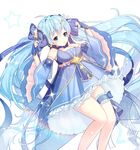 absurdly_long_hair ahoge bare_shoulders blue_bow blue_eyes blue_gloves blue_hair blush bow breasts closed_mouth detached_sleeves eyebrows_visible_through_hair feet_out_of_frame fingerless_gloves gloves hair_bow hair_ornament hatsune_miku large_breasts long_hair looking_at_viewer snowflake_hair_ornament solo tp_(kido_94) twintails very_long_hair vocaloid yuki_miku 