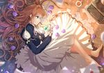  amulet artist_name barefoot blue_eyes braid brown_hair chinchongcha cup envelope flower from_above highres indoors long_hair lying mechanical_hands on_side skirt tea teacup typewriter violet_evergarden violet_evergarden_(character) watermark white_skirt 