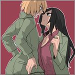  angry asuka_(junerabitts) bangs black_hair closed_mouth eyebrows_visible_through_hair from_side frown girls_und_panzer green_jacket green_jumpsuit hands_on_hips jacket katyusha long_sleeves looking_at_another military military_uniform multiple_girls nonna open_clothes open_jacket open_mouth pravda_military_uniform red_background red_shirt shirt sitting standing swept_bangs unbuttoned unbuttoned_shirt uniform yuri 