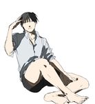  bare_legs barefoot black_eyes black_hair doya expressionless eyebrows_visible_through_hair fullmetal_alchemist grey_shirt hand_in_hair long_sleeves looking_away male_focus one_eye_closed roy_mustang serious shaded_face shirt short_hair shorts simple_background solo white_background 