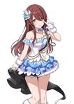  brown_hair cuffs eyebrows_visible_through_hair fur_trim gloves hair_ornament idol_clothes idolmaster idolmaster_shiny_colors long_hair looking_at_viewer microphone miniskirt official_art oosaki_tenka open_mouth skirt thighs white_background white_gloves yellow_eyes 