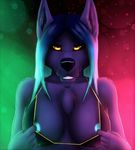 2018 an_ancient anthro blue_nipples bra breasts bust_(disambiguation) canine clothing dog female front_view fur husky looking_at_viewer mammal nipples purple_fur red_sclera shamhna smile solo underwear wolf yellow_eyes 
