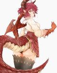  araco ass back black_legwear black_panties claw_(weapon) commentary_request dragon_horns dragon_tail dragon_wings granblue_fantasy grea_(shingeki_no_bahamut) highres horns looking_at_viewer panties pointy_ears purple_hair red_eyes shingeki_no_bahamut short_hair skirt tail thighhighs underwear weapon wings 