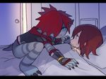  1girl alternate_form blue_eyes brown_hair child hair_over_one_eye jyaco7777 kairi_(kingdom_hearts) kingdom_hearts kingdom_hearts_iii letterboxed monster_boy on_bed pointy_ears red_eyes short_hair sora_(kingdom_hearts) sweatdrop time_paradox under_covers 