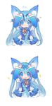  :d animal_ears arms_up aura_kingdom ayako_(aura_kingdom) bangs blue_bow blue_dress blue_eyes blue_hair blue_ribbon blush bow chibi closed_mouth detached_sleeves dress eyebrows_visible_through_hair fang flying_sweatdrops hair_between_eyes hair_bow hair_ribbon lock long_hair long_sleeves maodouzi open_mouth padlock ribbon smile sparkle very_long_hair white_background wolf_ears 