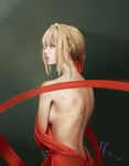  bangs bare_back blonde_hair blue_eyes braid breasts clothes_removed convenient_arm dress eyebrows_visible_through_hair from_behind hair_between_eyes hair_intakes hair_ribbon highres looking_to_the_side medium_breasts red_dress red_ribbon ribbon scar sideboob topless undressing violet_evergarden violet_evergarden_(character) wish-tf 