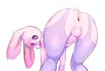  2018 anthro anus balls bent_over buckteeth butt clothed clothing digital_media_(artwork) erection gaping gaping_anus ginn88 head_tuft lagomorph long_ears looking_at_viewer looking_back male mammal open_mouth penis pink_balls pink_penis pink_tail purple_eyes rabbit rear_view short_tail signature simple_background small_tail solo teeth white_background 