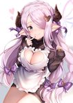  apron black_sweater blue_eyes bow braid breasts chocolate chocolate_heart cleavage cleavage_cutout commentary_request draph finger_to_chin frilled_apron frills granblue_fantasy hair_bow hair_ornament hair_over_one_eye heart heart_cutout heart_hair_ornament highres horns large_breasts long_hair looking_at_viewer maosame narmaya_(granblue_fantasy) pointy_ears purple_bow ribbed_sweater single_braid sleeves_past_wrists smile solo sweater turtleneck turtleneck_sweater very_long_hair white_apron 