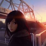  black_eyes black_hair bridge building city cloud coat day evening ground_vehicle highres ilya_kuvshinov lens_flare lips long_hair looking_at_viewer nose original outdoors overhead_line power_lines railing real_world_location resized resizing_artifacts scarf sky solo sun_glare sunset train upscaled 