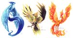  articuno bird flying full_body gen_1_pokemon highres legendary_pokemon looking_away looking_to_the_side moltres no_humans pokemon pokemon_(creature) realistic signature simple_background sysirauta traditional_media watermark web_address white_background zapdos 