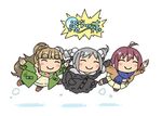  ahoge bangs blunt_bangs blush_stickers brown_hair chibi closed_eyes coat drill_hair eyebrows_visible_through_hair grey_hair hair_bun idolmaster idolmaster_cinderella_girls idolmaster_cinderella_girls_starlight_stage jumping kamiya_nao kanzaki_ranko long_hair multiple_girls nyagakiya scarf short_hair skirt smile song_name sweater thick_eyebrows twin_drills twintails wakiyama_tamami white_background winter_clothes winter_coat 