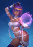  alternate_costume bandages blue_background crystal_ball dark_skin eyeshadow fingerless_gloves gloves glowing green_eyes lipstick looking_at_viewer makeup menat navel purple_hair purple_lipstick smile solo stomach street_fighter street_fighter_v thighhighs umigraphics 