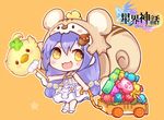  :d acorn_hair_ornament animal_ears animal_hood astral_realm bangs bare_arms bare_shoulders barefoot blush_stickers bow candy candy_wrapper character_request chibi commentary_request copyright_name dress eyebrows_visible_through_hair flower food hair_between_eyes hair_ornament holding hood hood_up lollipop long_hair looking_at_viewer maodouzi open_mouth orange_background purple_hair ramune sleeveless sleeveless_dress smile solo squirrel_ears squirrel_hood squirrel_tail standing star sweets tail very_long_hair white_dress white_flower yellow_bow yellow_eyes 
