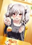  drill_hair food fork gothic_lolita grey_hair heart-shaped_food idolmaster idolmaster_cinderella_girls incoming_food kanzaki_ranko lolita_fashion long_hair open_mouth pudding red_eyes solo twin_drills twintails zen 