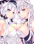  apron azur_lane bangs bare_shoulders belfast_(azur_lane) braid breast_press breasts chain cleavage closed_mouth collar collarbone commentary_request corset dress elbow_gloves eyebrows_visible_through_hair french_braid frilled_apron frills gloves hair_ribbon hat illustrious_(azur_lane) large_breasts looking_at_viewer low_ponytail maid maid_apron maid_headdress mole mole_under_eye multiple_girls ponytail ribbon sidelocks silver_hair smile sun_hat symmetrical_docking tress_ribbon uehara_(higanbachi) white_apron white_dress white_gloves white_hat 