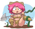  :o absurdres animal_hood axe bangs bare_shoulders battle_axe bell bell_collar berserker_(final_fantasy) bikini_top blush boots breasts brown_bikini_top brown_footwear cat_hood cleavage collar dirt eyebrows eyebrows_visible_through_hair final_fantasy final_fantasy_v green_eyes highres holding holding_axe holding_weapon hood hood_up jingle_bell knee_boots kuto_tubuyaki large_breasts legs_apart legs_up lenna_charlotte_tycoon loincloth navel open_mouth pink_hair plant red_collar short_hair sitting solo stomach strapless sweat v-shaped_eyebrows vines weapon wristband 