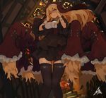  black_legwear blonde_hair closed_mouth commentary_request corset dark frilled_skirt frills glowing glowing_eyes habit insect_girl knees_together_feet_apart lansane long_hair long_sleeves looking_at_viewer monster_girl multiple_arms nun original red_eyes signature skirt smile smirk spider_girl thighhighs zettai_ryouiki 