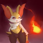  1girl absurdres animal_ears blush braixen fang female fire fox_ears fox_tail furry hand_up highres holding no_humans okura540 open_mouth pokemon pokemon_(creature) pokemon_xy pussy red_eyes smile solo standing stick tail uncensored 