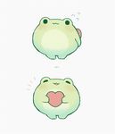  2koma artist_name ayu_(mog) behind_back blush closed_mouth comic frog heart holding holding_heart no_humans open_mouth original simple_background smile standing white_background 