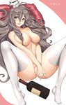  :d artist_name bottle breasts brown_eyes character_name commentary covering covering_crotch eyebrows_visible_through_hair grey_hair hair_between_eyes hair_censor hair_over_breasts hat highres huge_breasts kantai_collection long_hair looking_at_viewer mini_hat no_shoes nude open_mouth pola_(kantai_collection) simple_background smile solo spread_legs thighhighs tony_guisado very_long_hair wavy_hair white_background white_legwear wine_bottle 