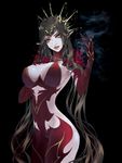  alternate_costume bare_shoulders black_hair breasts burning_hand commentary detached_sleeves dress fate/apocrypha fate/grand_order fate_(series) flower headdress highres large_breasts long_hair pointy_ears red_dress revealing_clothes rose saber_ruri scales semiramis_(fate) skin_tight smoke solo very_long_hair yellow_eyes 