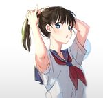  armpits arms_up bangs black_hair blue_eyes bunching_hair eyebrows_visible_through_hair gradient gradient_background grey_background hakusai_(tiahszld) long_hair looking_at_viewer neckerchief original parted_lips ponytail red_neckwear school_uniform serafuku shirt short_sleeves solo tying_hair white_background white_shirt 