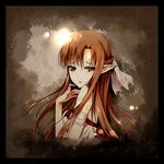  arm_strap asuna_(sao) backlighting bangs bare_shoulders braid breasts brown_eyes brown_hair french_braid from_side hair_ribbon long_hair looking_at_viewer looking_to_the_side medium_breasts noodle-y parted_lips pointy_ears ribbon solo sword_art_online titania_(sao) upper_body 