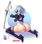  1girl android ass back back_opening blindfold boot breasts erect_nipples high_heel_boots high_heels huge_ass katana large_breasts leotard looking_at_viewer mole_under_mouth nier_(series) nier_automata open_mouth shiny shiny_clothes shiny_hair shiny_skin short_hair sideboob solo supersatanson sword thigh_boots thong_leotard wariza weapon 