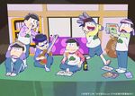  acoustic_guitar alcohol barefoot baseball_bat beer black_hair brothers guitar hat hood hoodie instrument male_focus matsuno_choromatsu matsuno_ichimatsu matsuno_juushimatsu matsuno_karamatsu matsuno_osomatsu matsuno_todomatsu metal_baseball_bat multiple_boys official_art osomatsu-kun osomatsu-san raglan_sleeves reading sextuplets siblings sitting sliding_doors table 