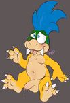  balls belly blue_eyes blue_hair celestial claws cub fangs feet genitals hair koopa koopaling larry_koopa male mario_bros navel nintendo nipples paws penis precum scalie smile toes tongue uncut video_games young 