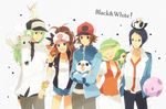  bad_id bad_pixiv_id baseball_cap bel_(pokemon) beret black_vest blonde_hair blue_eyes breasts cheren_(pokemon) dress flipped_hair friends gen_5_pokemon green_hat hat high_ponytail highres iyo_(kirakirahoshi) long_hair medium_hair multiple_boys multiple_girls n_(pokemon) open_mouth oshawott pokemon pokemon_(creature) pokemon_(game) pokemon_bw short_hair small_breasts smile snivy tepig touko_(pokemon) touya_(pokemon) vest 