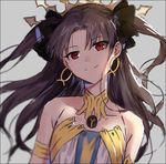  bangs bare_shoulders black_bow bow brown_hair closed_mouth collarbone earrings eyebrows_visible_through_hair fate/grand_order fate_(series) grey_background hair_between_eyes hair_bow hakusai_(tiahszld) head_tilt ishtar_(fate/grand_order) jewelry long_hair looking_at_viewer red_eyes simple_background smile solo tiara two_side_up very_long_hair 