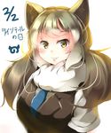  absurdres animal_ears bangs blue_neckwear blush brown_vest dated eastern_wolf_(kemono_friends) eyebrows_visible_through_hair fang fang_out food grey_hair highres japari_bun kanzakietc kemono_friends long_hair looking_at_viewer necktie short_sleeves simple_background smile solo upper_body vest white_background wolf_ears yellow_eyes 