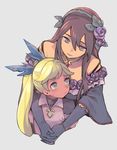  age_difference black_gloves blonde_hair blush brown_hair comforting dark_skin flower gloves granblue_fantasy grey_background hair_flower hair_ornament hairband io_euclase leaf long_hair looking_at_another multiple_girls open_mouth plant purple_flower purple_rose rose rosetta_(granblue_fantasy) takishima_asaka upper_body vines yuri 