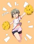  belly_peek bike_shorts brown_eyes brown_hair cheering cheerleader commentary_request english full_body gym_uniform hair_between_eyes hair_ornament highres holding looking_at_viewer midair minowa_gin minowa_sukyaru navel open_mouth orange_background outstretched_arm pink_shirt pink_shorts pom_poms shirt short_hair short_sleeves shorts smile solo washio_sumi_wa_yuusha_de_aru yuuki_yuuna_wa_yuusha_de_aru yuusha_de_aru 