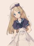  beret blonde_hair branch_(blackrabbits) dress gloves green_eyes hat jervis_(kantai_collection) kantai_collection long_hair looking_at_viewer open_mouth sailor_collar sailor_dress short_sleeves simple_background smile solo white_gloves white_hat 
