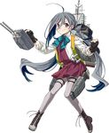  &gt;:) ahoge black_gloves blue_hair blush boots bow bowtie cross-laced_footwear dress eyebrows_visible_through_hair fujikawa full_body gloves grey_eyes grey_hair grey_legwear gun hair_between_eyes hair_ribbon holding holding_gun holding_weapon kantai_collection kiyoshimo_(kantai_collection) lace-up_boots long_hair looking_at_viewer low_twintails machinery multicolored_hair official_art pantyhose partly_fingerless_gloves ribbon rigging shirt sleeveless sleeveless_dress sleeves_rolled_up solo transparent_background turret twintails v-shaped_eyebrows very_long_hair weapon white_ribbon white_shirt 