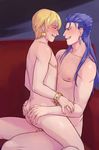  2boys anal ass blonde_hair blue_hair blush couch cum cum_in_ass cum_while_penetrated cumdrip evil_grin fate_(series) grin happy_sex multiple_boys naughty_face nipples nude orgasm penetration sex sitting sitting_on_person smile yaoi 