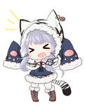  &gt;_&lt; animal_print arms_up azur_lane bailingxiao_jiu bangs binoculars blue_shirt blush boots brown_footwear capelet chang_chun_(azur_lane) chibi closed_eyes commentary_request cross-laced_footwear eyebrows_visible_through_hair facing_viewer fang full_body fur-trimmed_boots fur-trimmed_capelet fur-trimmed_hood fur-trimmed_skirt fur-trimmed_sleeves fur_trim hair_ornament hairclip hood hooded_capelet knee_boots lace-up_boots long_hair long_sleeves open_mouth pantyhose print_capelet shirt sidelocks silver_hair simple_background skirt sleeves_past_fingers sleeves_past_wrists solo standing star tail tiger_hood tiger_print tiger_tail wavy_mouth white_background white_capelet white_legwear wide_sleeves 