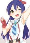  arm_up armpits bangs blue_hair blush bokura_wa_ima_no_naka_de commentary_request eyebrows_visible_through_hair fingerless_gloves gloves hair_between_eyes long_hair love_live! love_live!_school_idol_project necktie one_eye_closed open_mouth red_gloves ribbon simple_background smile solo sonoda_umi suspenders tofu1601 upper_body yellow_eyes 