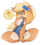  2017 anthro bandicoot blonde_hair blush breasts clothed clothing coco_bandicoot crash_bandicoot_(series) drooling eyebrows female flower flower_in_hair food fruit green_eyes hair hi_res long_hair looking_at_viewer mammal marsupial nipples open_mouth overalls plant ponytail saliva shorts simple_background slugbox smile solo video_games wumpa 