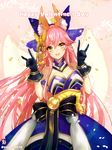  :d alternate_costume animal_ears black_gloves blue_ribbon breasts cleavage commentary english eyebrows_visible_through_hair fate/grand_order fate_(series) fox_ears fox_shadow_puppet gloves hair_ornament hair_ribbon hands_up happy_valentine large_breasts long_hair obi open_mouth pink_hair ribbon sash shutsuri smile solo tamamo_(fate)_(all) tamamo_no_mae_(fate) twitter_username valentine very_long_hair yellow_eyes 