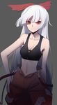  adapted_costume breasts cleavage fujiwara_no_mokou hand_on_hip highres long_hair looking_at_viewer navel red_eyes small_breasts smile solo sports_bra st_(youx1119) suspenders touhou white_hair 