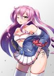  ;d azur_lane blush bra breasts cleavage collarbone commentary_request craven_(azur_lane) jacket long_hair looking_at_viewer medium_breasts one_eye_closed open_mouth optronics panties pom_poms purple_hair smile solo sweat thighhighs underwear white_background yellow_eyes 