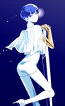  androgynous bangs blue_background blue_eyes blue_hair blunt_bangs glowing glowing_eye golden_arms heterochromia high_heels houseki_no_kuni looking_at_viewer nao_(necomugi) phosphophyllite phosphophyllite_(ll) see-through short_hair shorts solo spoilers sword weapon white_eyes 