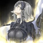  armor armored_dress bangs black_dress breasts chain commentary_request dress eyebrows_visible_through_hair fate/apocrypha fate/grand_order fate_(series) gauntlets hair_between_eyes headpiece holding jeanne_d'arc_(alter)_(fate) jeanne_d'arc_(fate)_(all) looking_away looking_up parted_lips profile silver_hair solo sparkle twitter_username tyone yellow_eyes 
