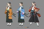  copyright_name dango dual_wielding eating floral_print flower food grey_background grey_eyes grey_hair hair_flower hair_ornament hakama holding holding_sword holding_weapon japanese_clothes katana long_hair looking_at_viewer multiple_views official_art open_mouth ponytail qurare_magic_library sandals sheath sheathed sidelocks sword wagashi weapon white_legwear zzinp 